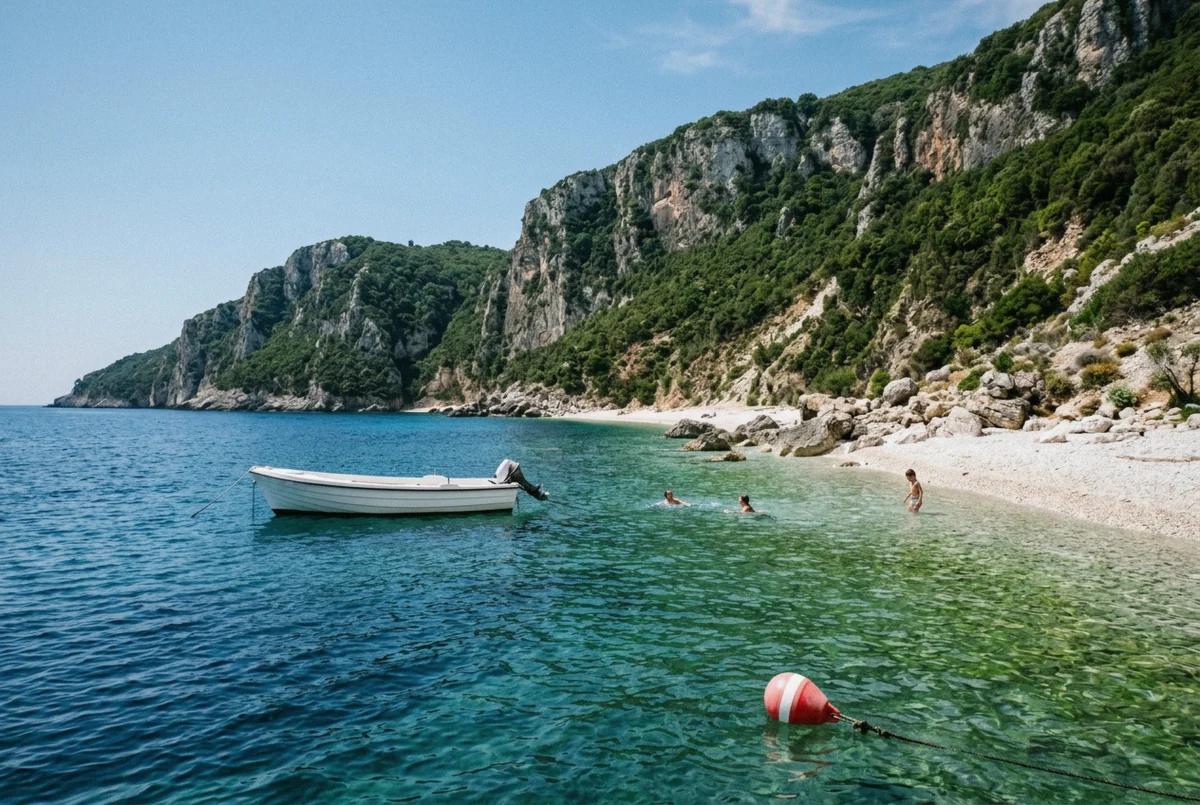 A day boat anchored off a white-pebble beach under green cliffs, one of the best beaches in Corfu reached by boat