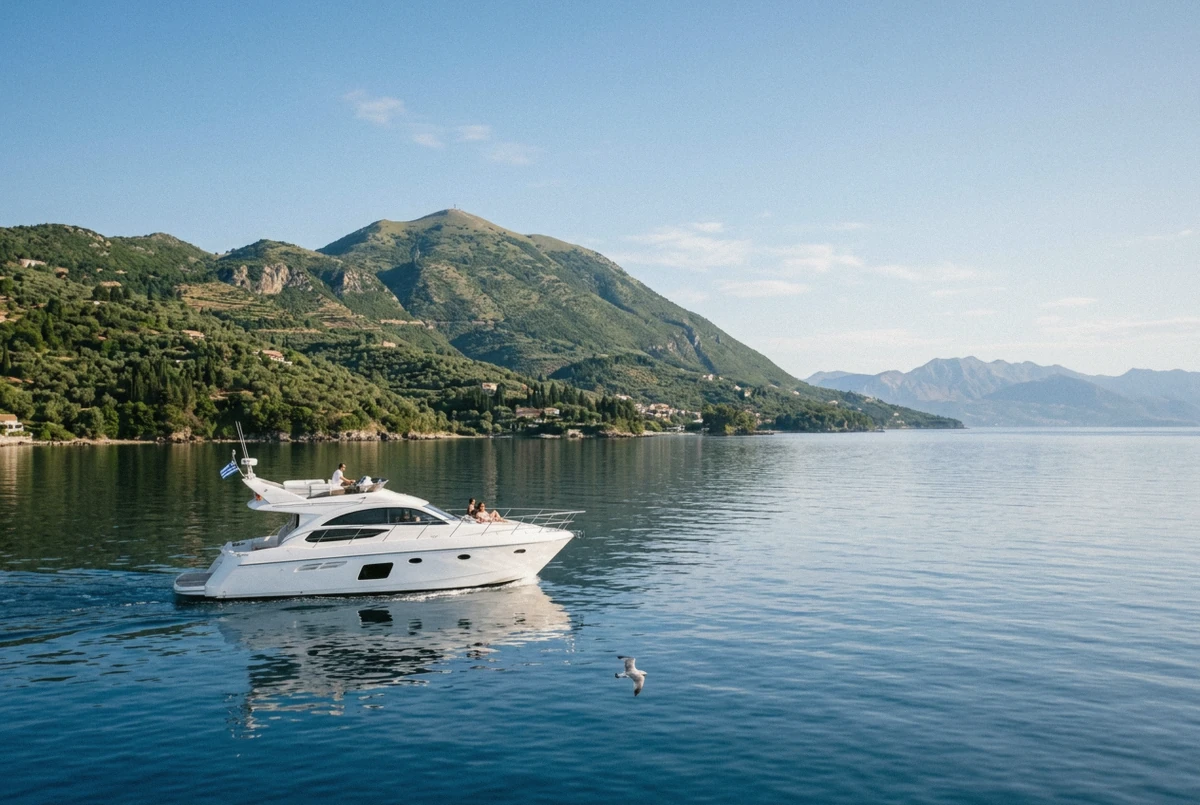 A wooden day boat on calm morning water along the green northeast coast, the best time to visit Corfu for a boat trip