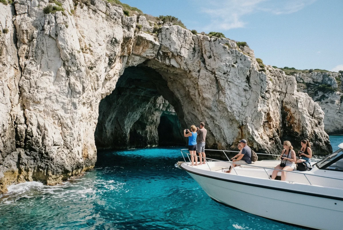 A cruise boat entering a sea cave with glowing blue water on the west coast of Paxos, the Corfu blue caves