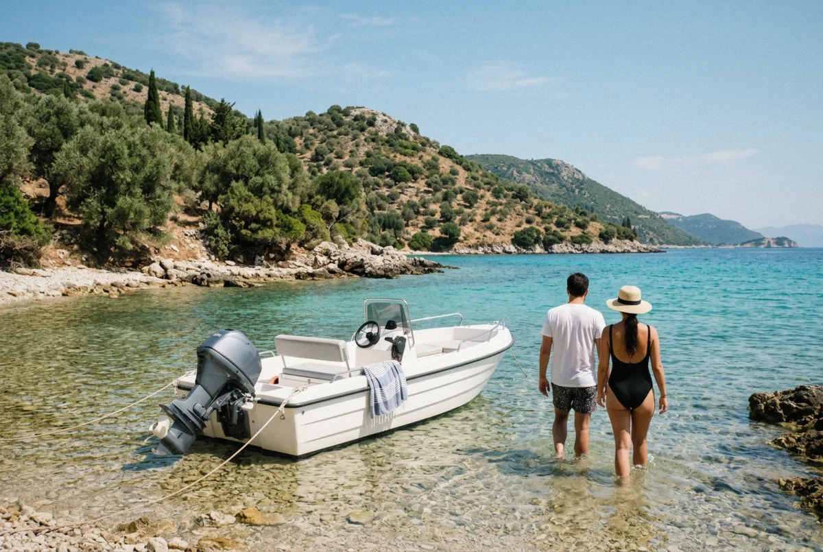 A small self-drive motorboat moored in a turquoise cove on the northeast coast, the kind of Corfu boat rental that needs no licence